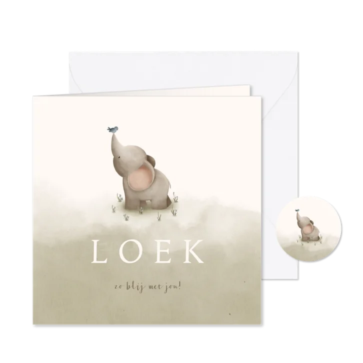 Geboortekaartje groene waterverf lief olifantje