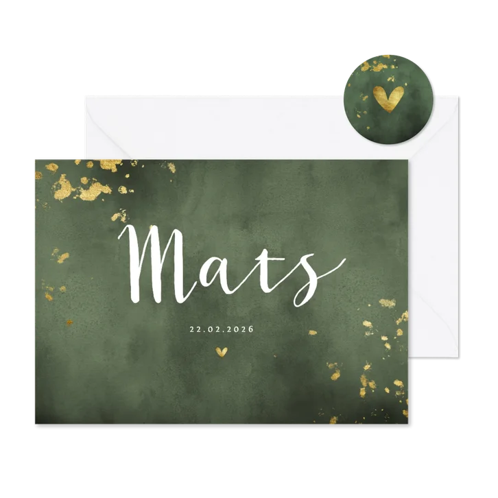 Geboortekaartje groene waterverf liggend gouden spetters