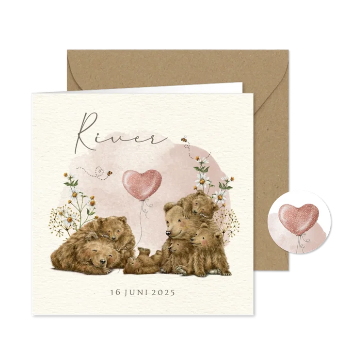 Geboortekaartje groot gezin vijfde kindje met beren