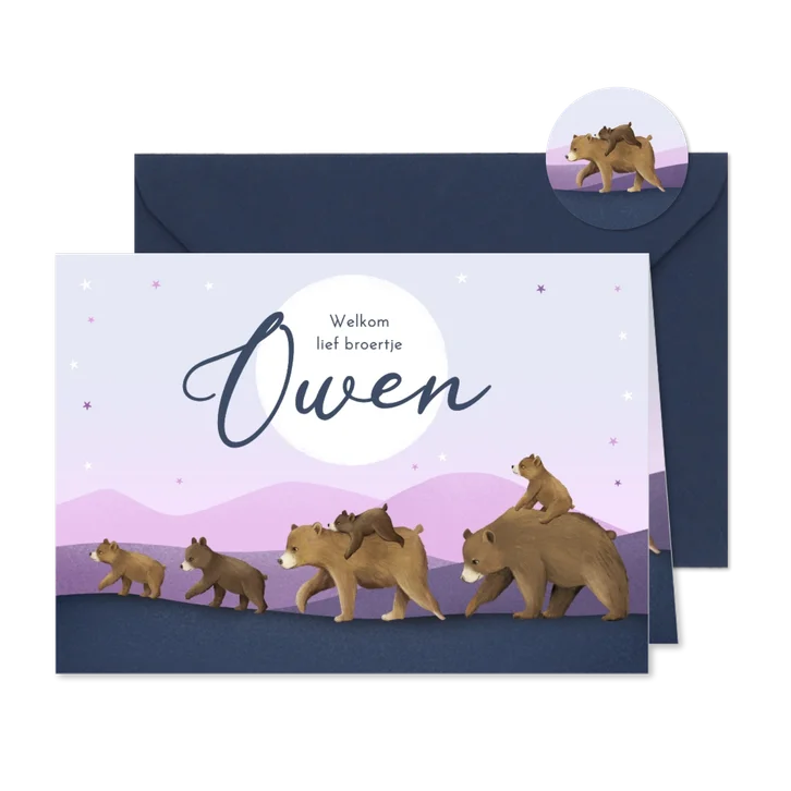 Geboortekaartje grote familie beren magisch landschap maan