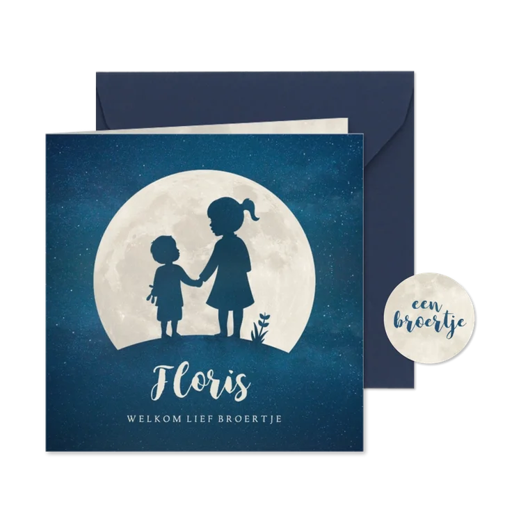 Geboortekaartje grote zus en broertje silhouet hand in hand