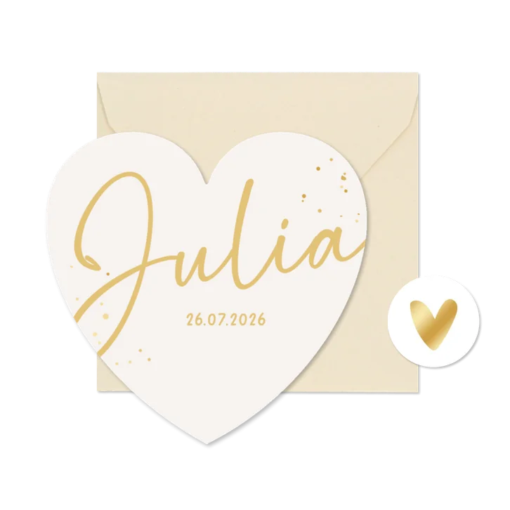 Geboortekaartje hartkaart beige goud spetters lief