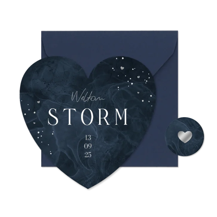 Geboortekaartje hartkaart donkerblauw stoer stijlvol verf