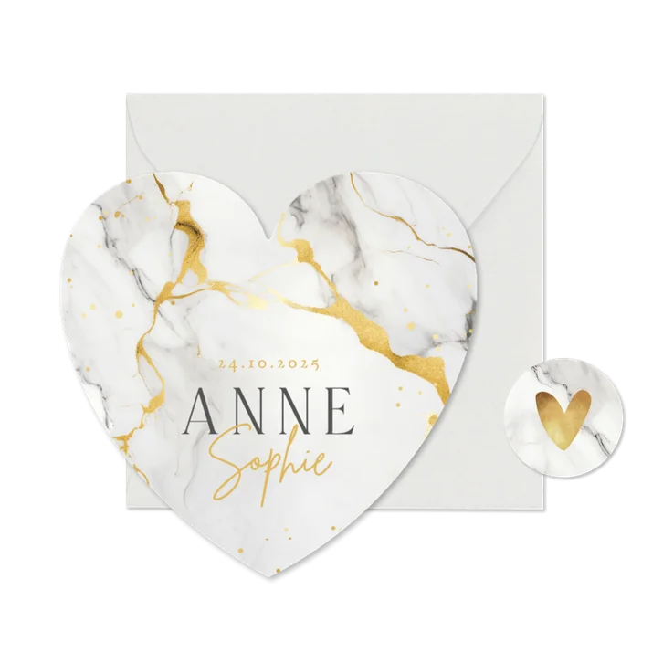 Geboortekaartje hartkaart marmer goud stijlvol hartvorm