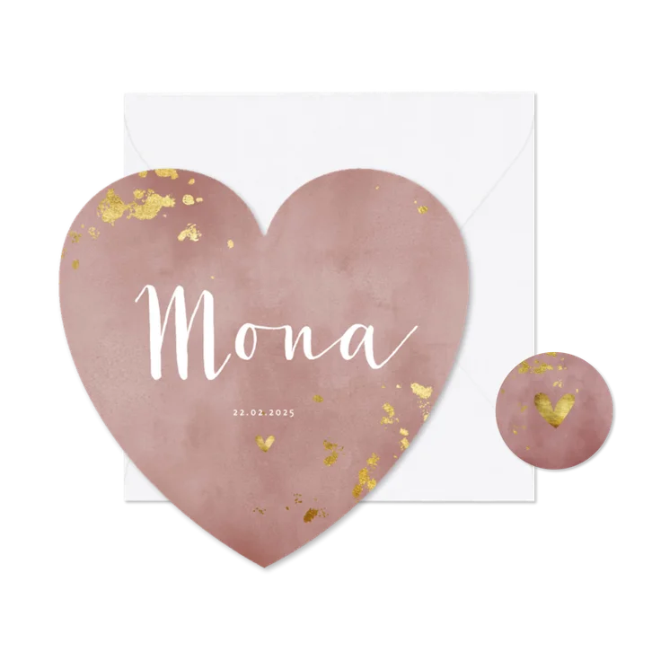 Geboortekaartje hartvorm oud roze waterverf gouden spetters