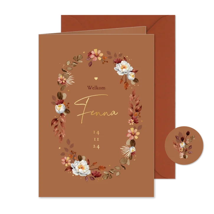 Geboortekaartje herfst bloemen klassiek stijlvol goud hartje