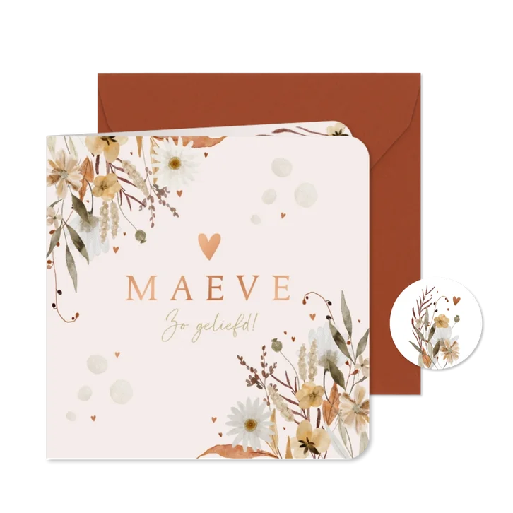 Geboortekaartje herfst en winterbloemen met hartjes