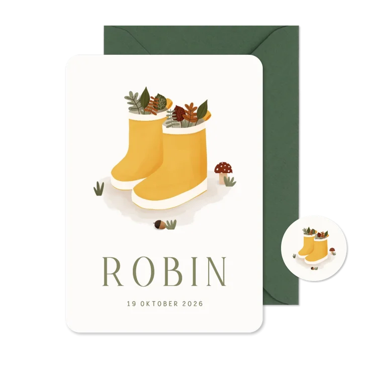 Geboortekaartje herfst met regenlaarsjes en blaadjes