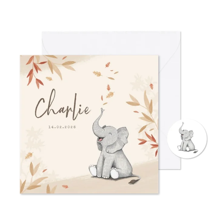 Geboortekaartje herfst olifant unisex blaadjes jongen meisje