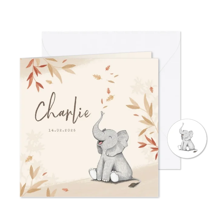 Geboortekaartje herfst olifant unisex blaadjes jongen meisje