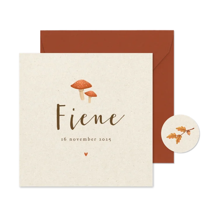 Geboortekaartje herfst paddestoelen papierstructuur hartje