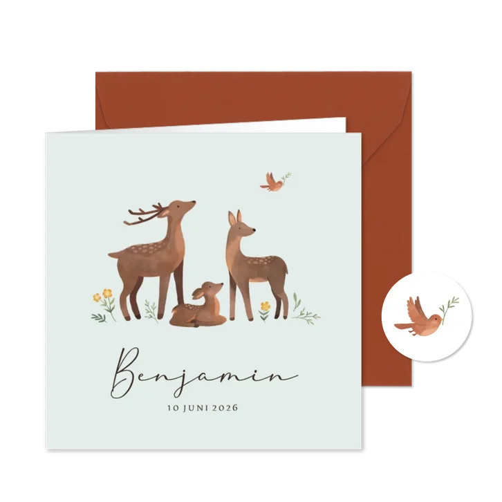 Geboortekaartje hertenfamilie bloemen vogel lief