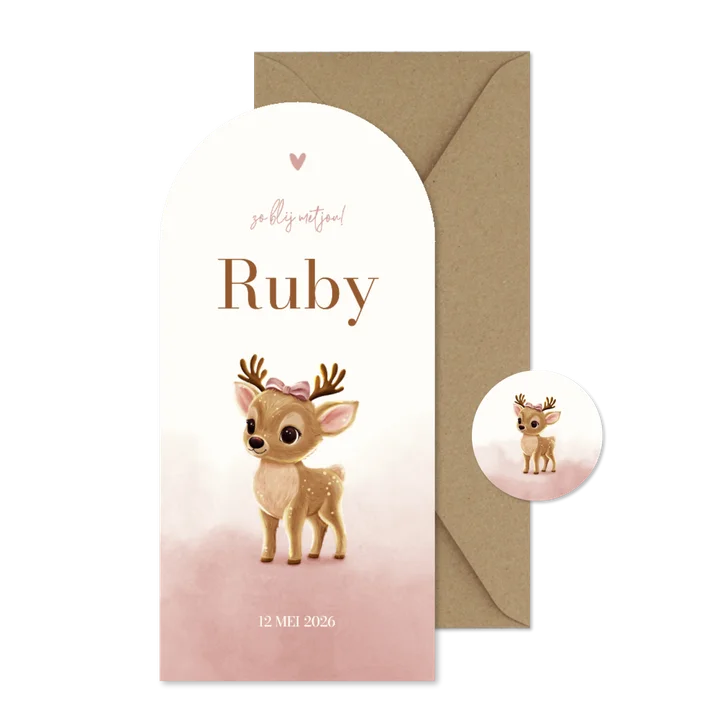 Geboortekaartje hertje boog met strik roze waterverf