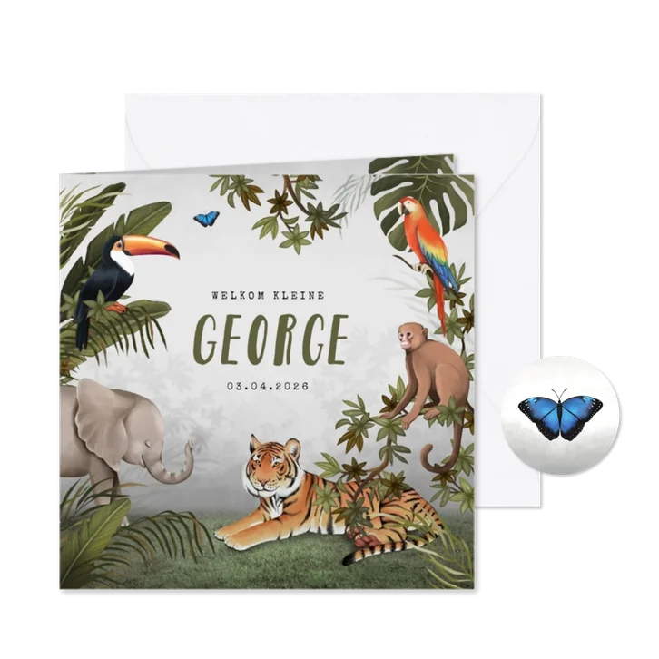 Geboortekaartje hip jongen jungle dieren botanisch