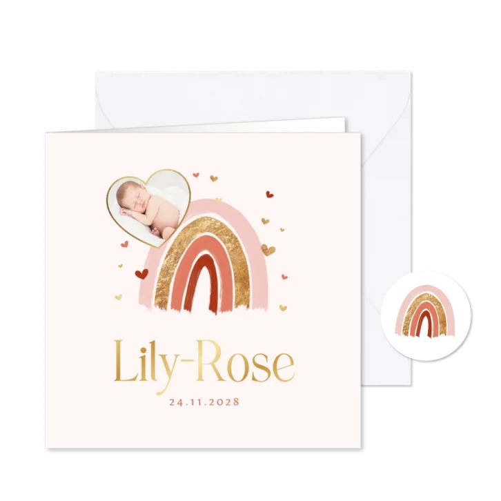 Geboortekaartje hip meisje regenboog hartjes goud foto