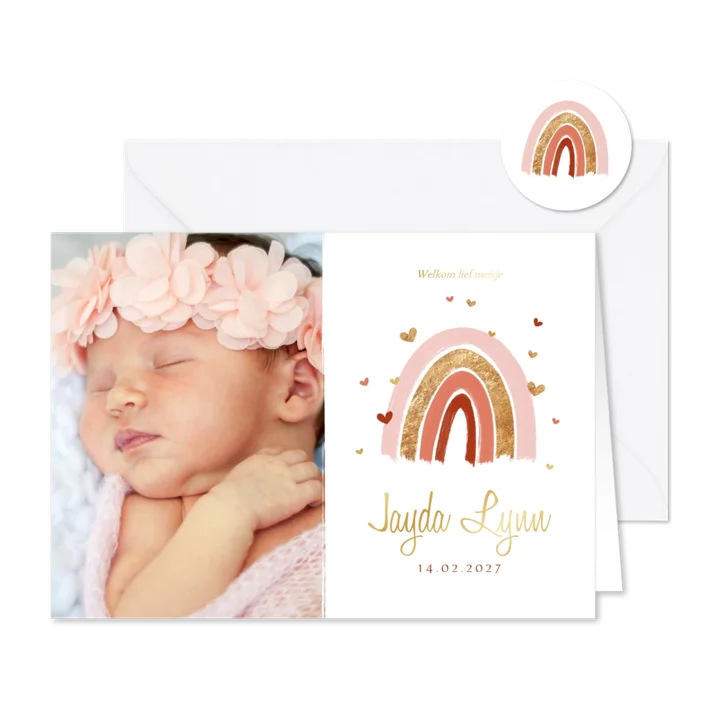 Geboortekaartje hip meisje regenboog roze goud foto