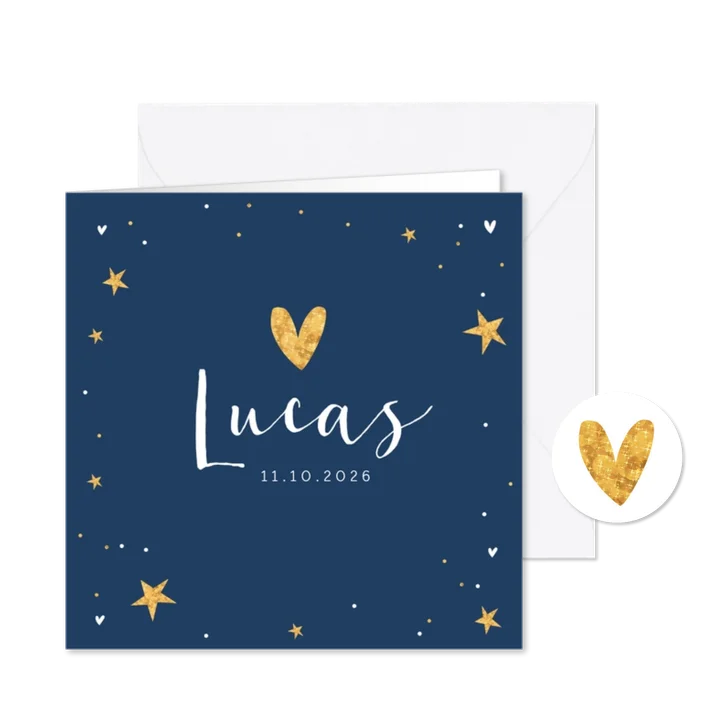 Geboortekaartje hip sterren hartjes goud foto