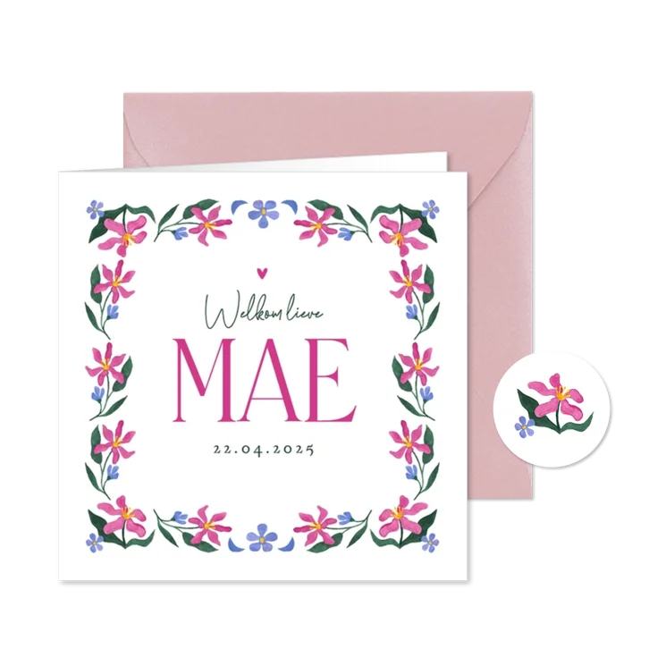 Geboortekaartje hip trend bloemen kader waterverf roze