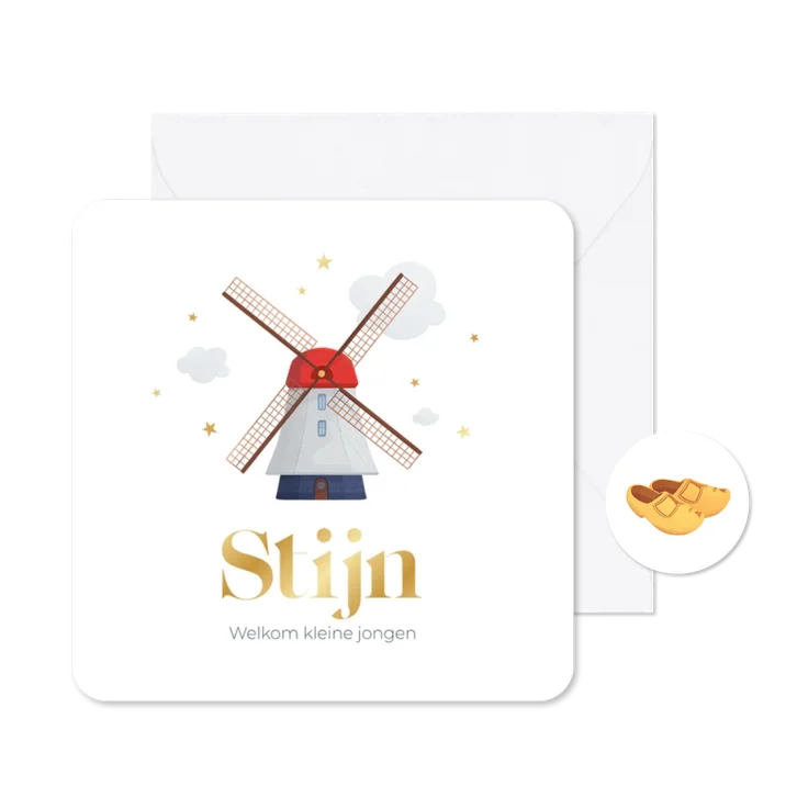 Geboortekaartje Hollandse molen gouden sterretjes