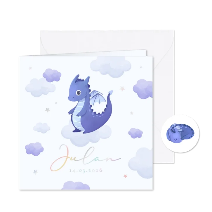 Geboortekaartje holografisch draakje wolken sterren