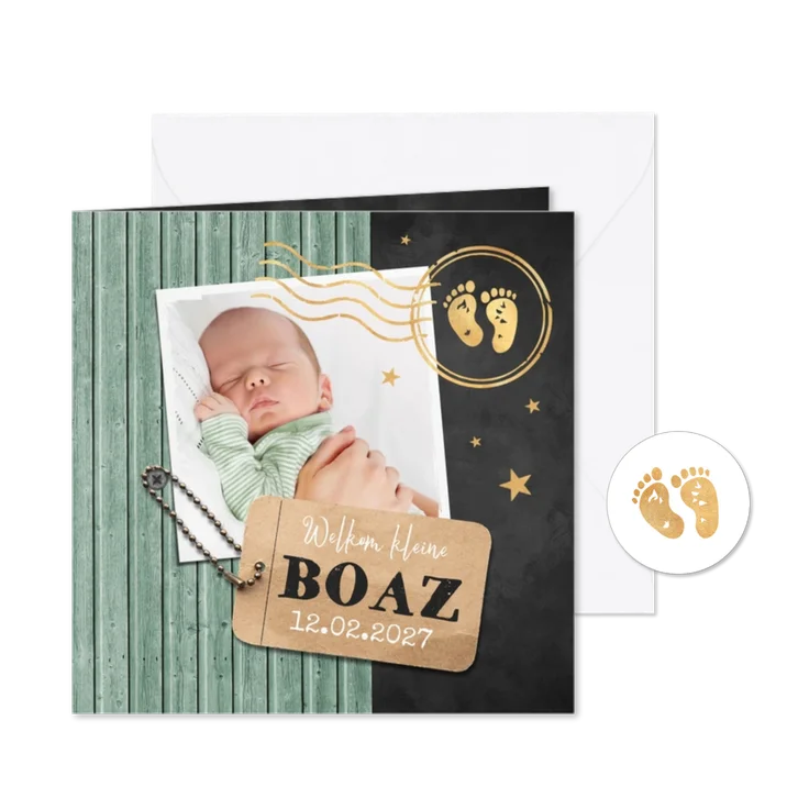 Geboortekaartje houtlook foto label stempel goud groen