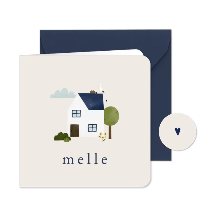 Geboortekaartje huisje tuintje ooievaar illustratie neutraal