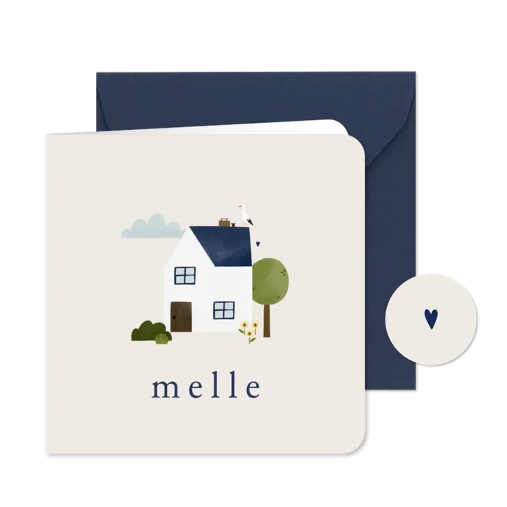 Geboortekaartje huisje tuintje ooievaar illustratie neutraal