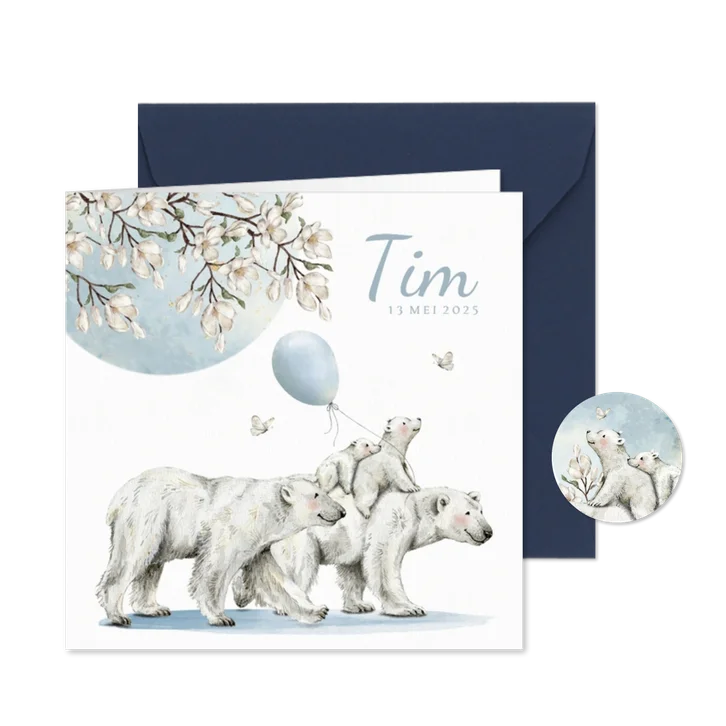 Geboortekaartje ijsbeer familie onder de maan en bloemen