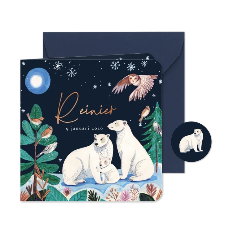 Geboortekaartje ijsbeer familie onder de maan en sneeuw