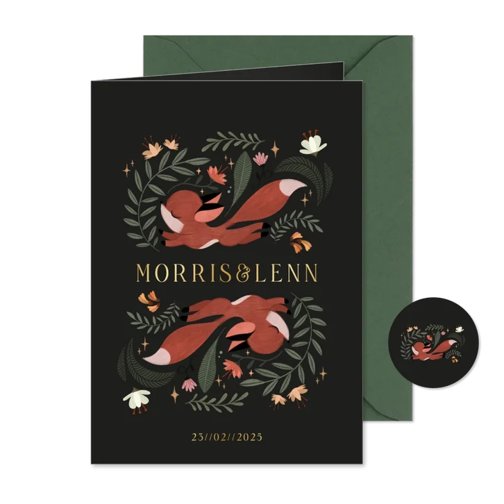 Geboortekaartje illustratie rennend vosjes bloemen takjes
