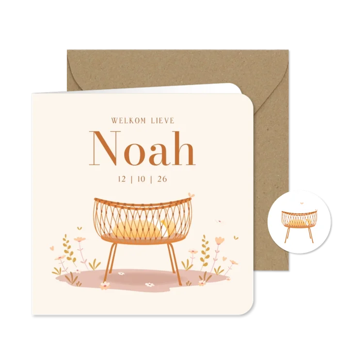 Geboortekaartje illustratie rotan wiegje pas geboren kindje