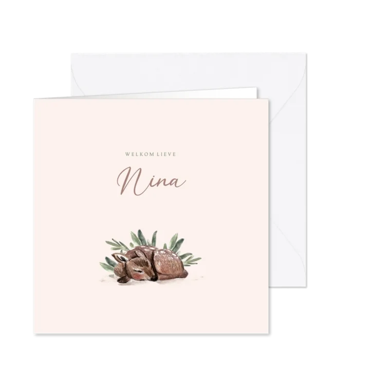 Geboortekaartje illustratie van hertje met roze achtergrond