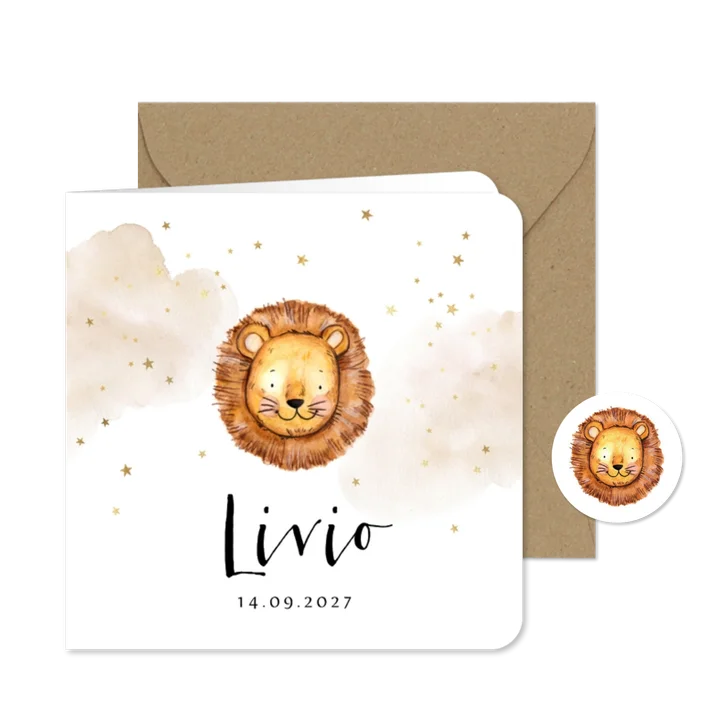 Geboortekaartje illustratie watercolor leeuw sterren goud
