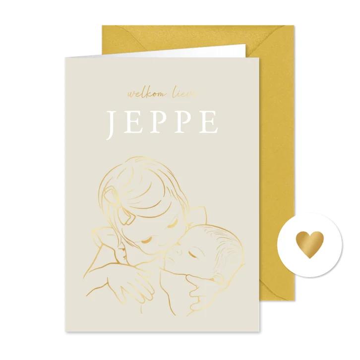Geboortekaartje illustratie zus met baby op schoot goud