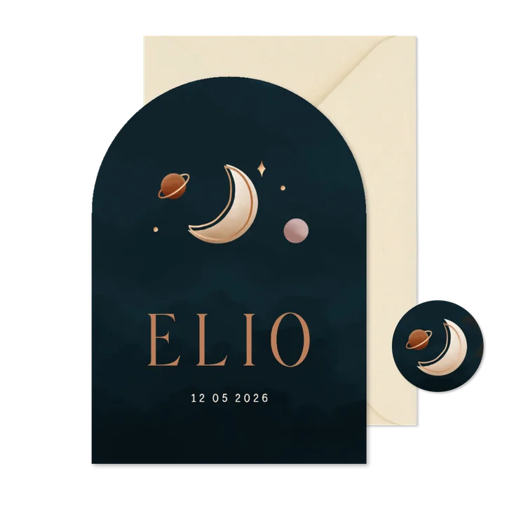 Geboortekaartje in boogvorm minimalistisch maan en planeten