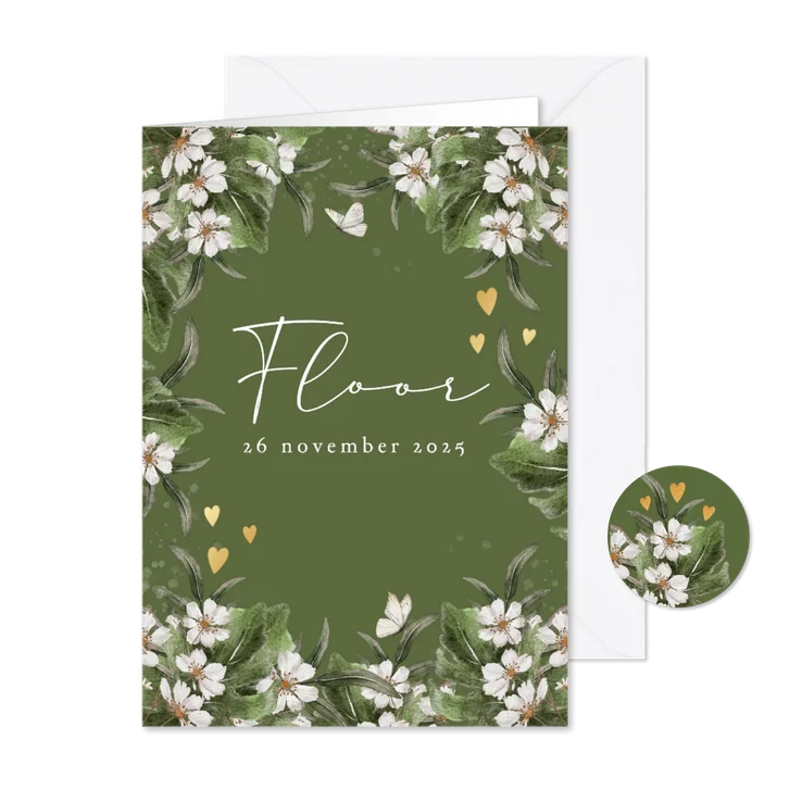 Geboortekaartje in groen met bloemen en hartjes van goud