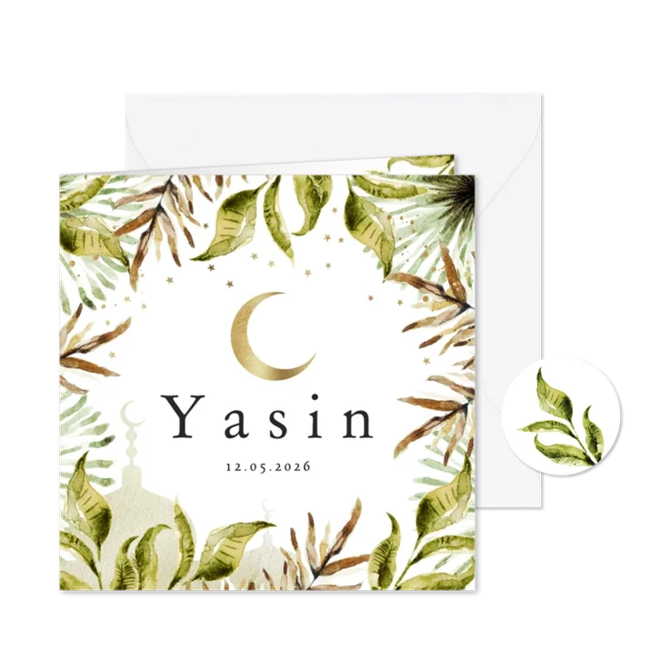 Geboortekaartje islamitisch jungle bladeren, maan, moskee