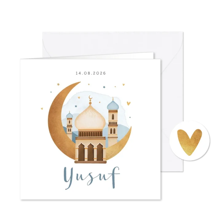 Geboortekaartje islamitisch moskee maan sterren hartjes 