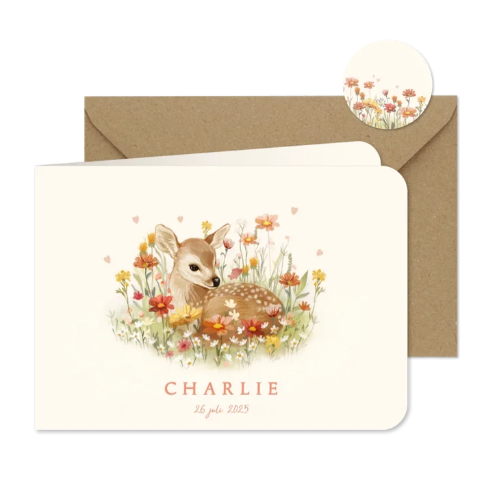 Geboortekaartje jong hertje tussen de bloemen