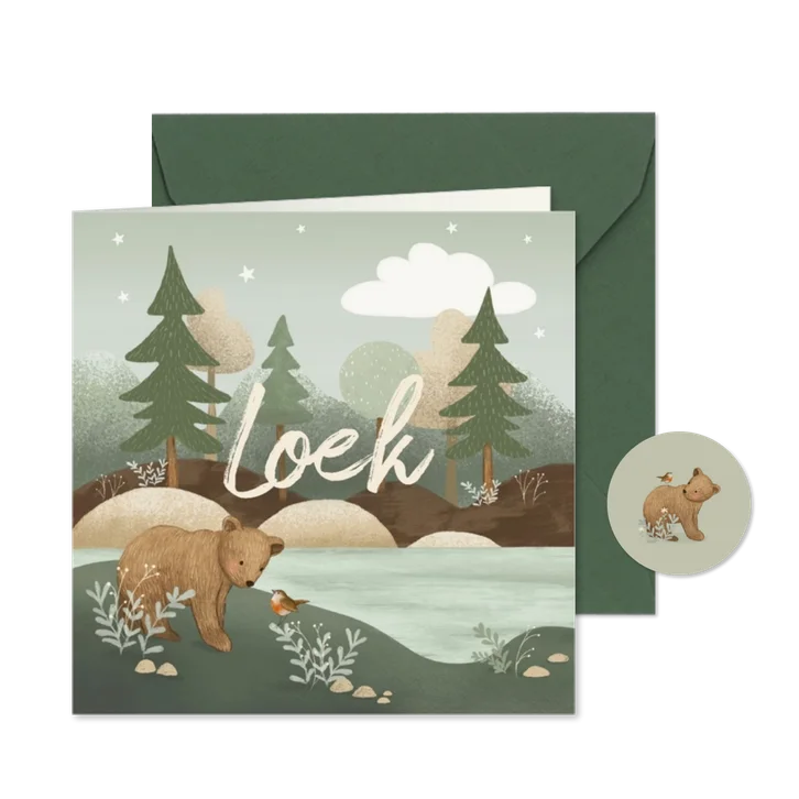 Geboortekaartje jongen beer roodborstje in de bergen