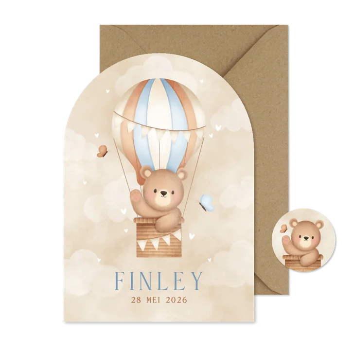 Geboortekaartje jongen beertje luchtballon vlinders & wolken