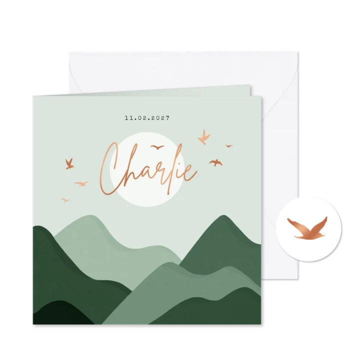Geboortekaartje jongen bergen natuur maan vogeltjes koper