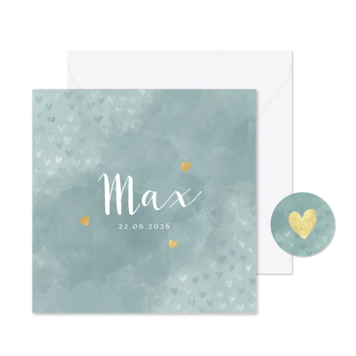 Geboortekaartje jongen blauwe waterverf en foliedruk hartjes