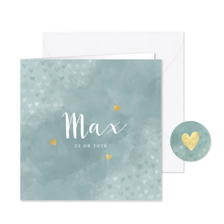 Geboortekaartje jongen blauwe waterverf en foliedruk hartjes