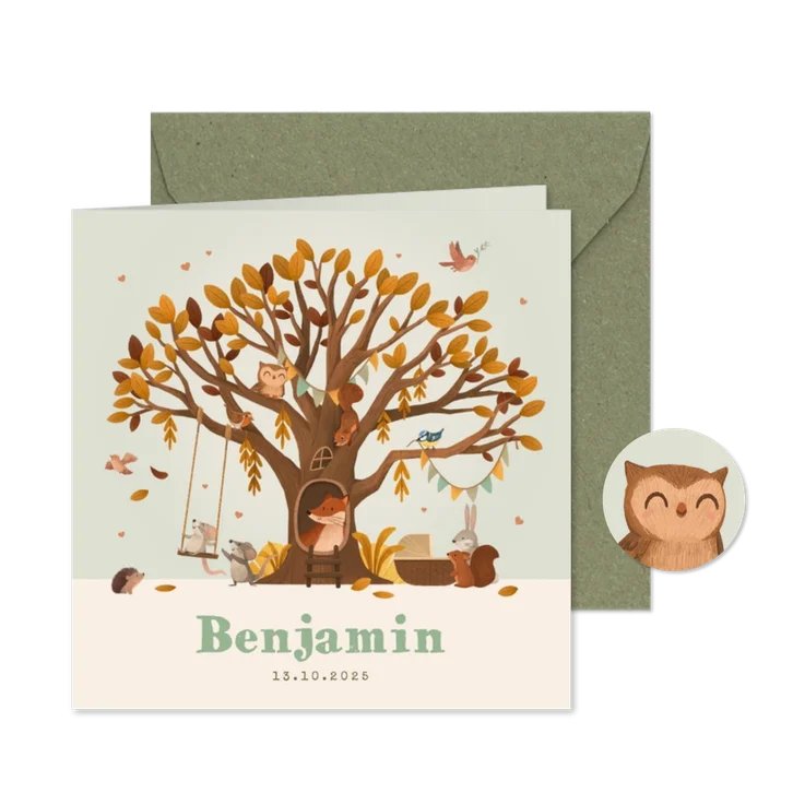 Geboortekaartje jongen boom bosdieren wiegje hartjes herfst