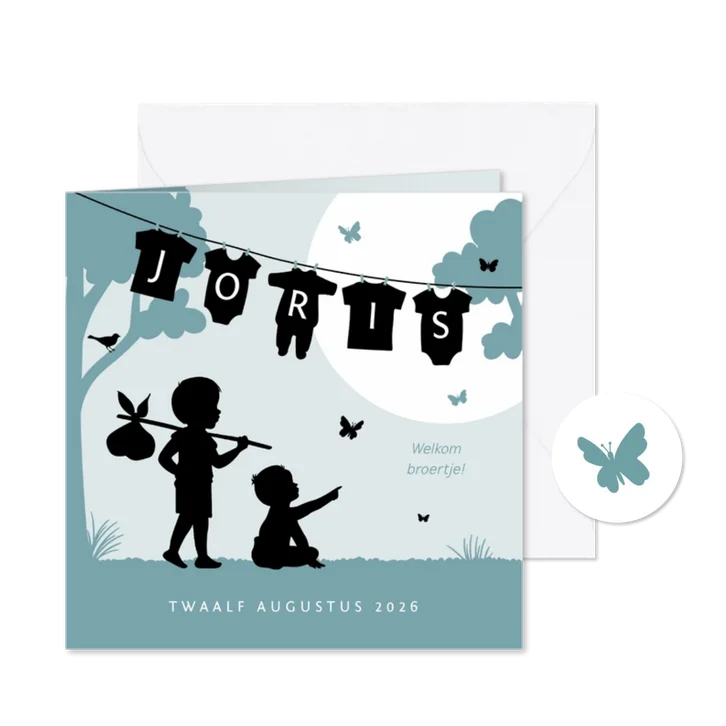 Geboortekaartje jongen broertje silhouet waslijn vlinders