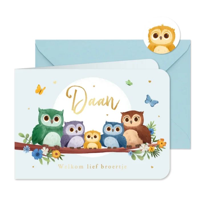 Geboortekaartje jongen derde kindje lente uiltjes vlinders