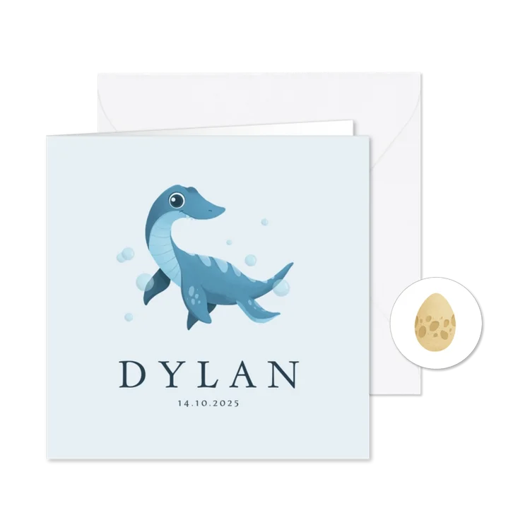 Geboortekaartje jongen dino plesiosaurus blauw belletjes
