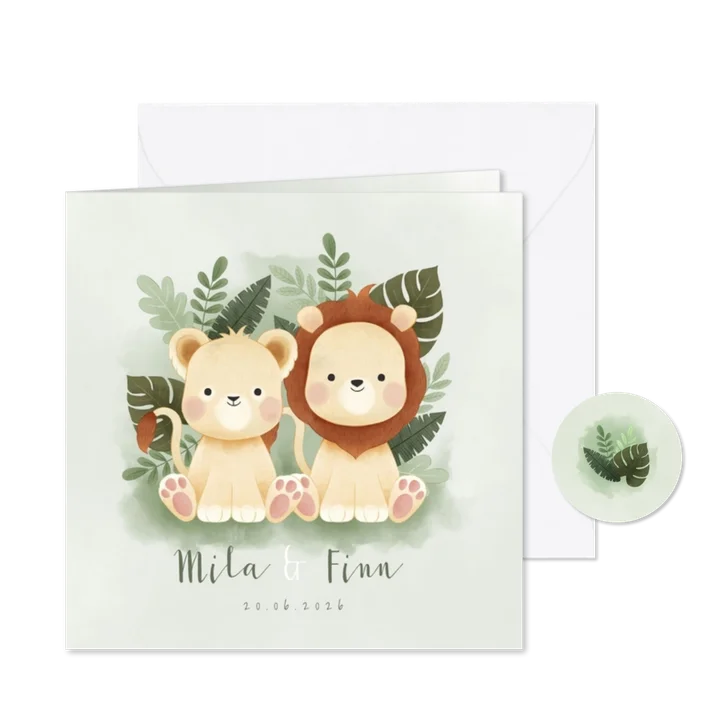 Geboortekaartje jongen & meisje leeuwtjes jungle