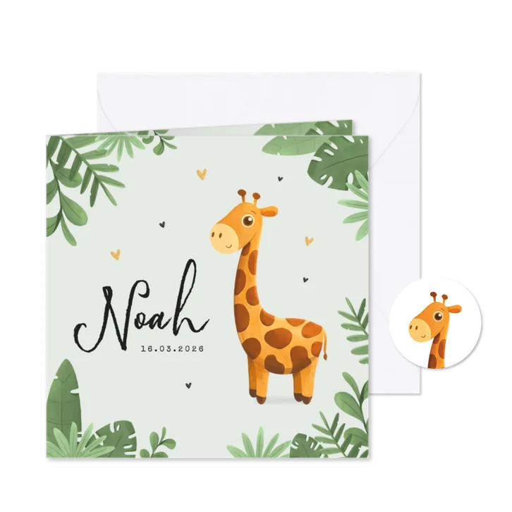 Geboortekaartje jongen giraf illustratie jungle hartjes